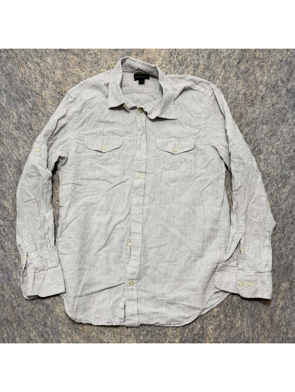 Banana Republic Mens Large Gray Stripe Button Up Shirt Roll Tab Long Sleeve